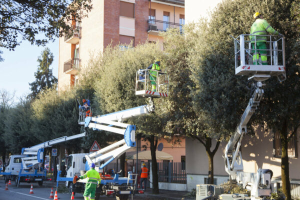 Solaria Giardini potature su strada con tre piattaforme aeree e moviere cantiere stradale